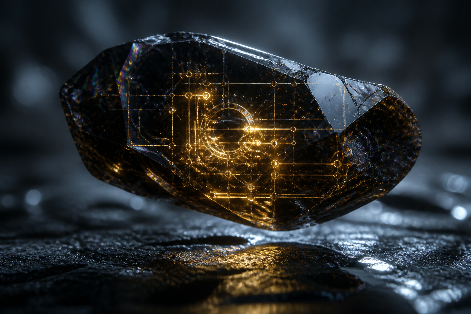 Obsidian relic with gold filament circuitry, lit by moonlight in a night exhibition hall